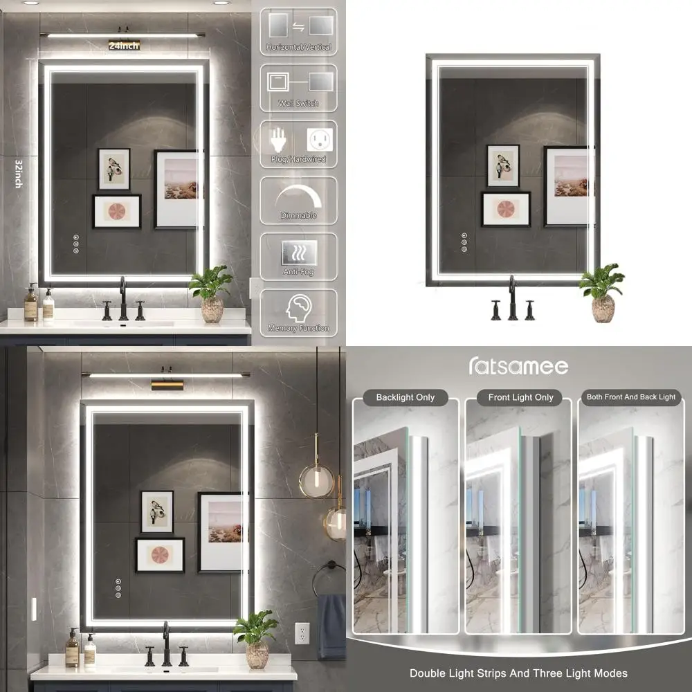 

Зеркало для ванной с LED-подсветкой 24x32 дюйма, с передней и задней подсветкой, зеркало для макияжа с регулировкой яркости, функцией памяти, из закаленного стекла