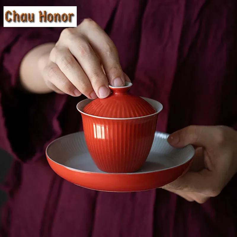 

140 мл кораллово-красная глазурованная керамическая чайная тушка с вертикальным узором чаша для чая с крышкой чайница Gaiwan бытовой Стандартный чайный набор
