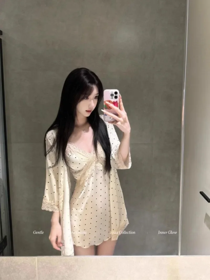 Conjunto de Pijama de Satén con Cuello en V y Encaje para Mujer, Camisón Sexy y Encantador con Tirantes y Cuello Puntiagudo, Ideal para el Hogar, NUEVO