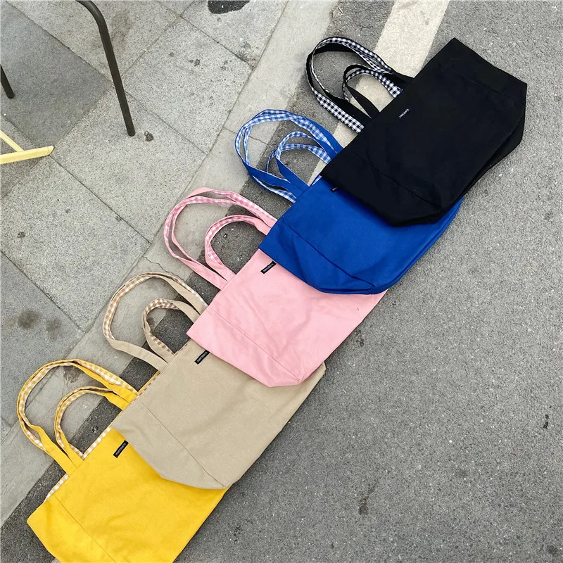 1 pc double-sided Plaid Shopping Bag Reusable 6 Colors large Canvas Shoulder Bag Lady Student Book Handbags Grocery Tote Bag