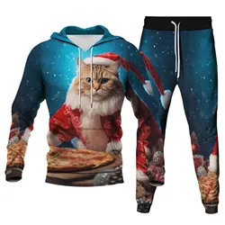 Unisex 3D Christmas Cat Printed Men Women Novelty Xmas Hoodie Adult Kid Two Pieces Tracksuits Sweatshirts Joggers Sweatpants Set