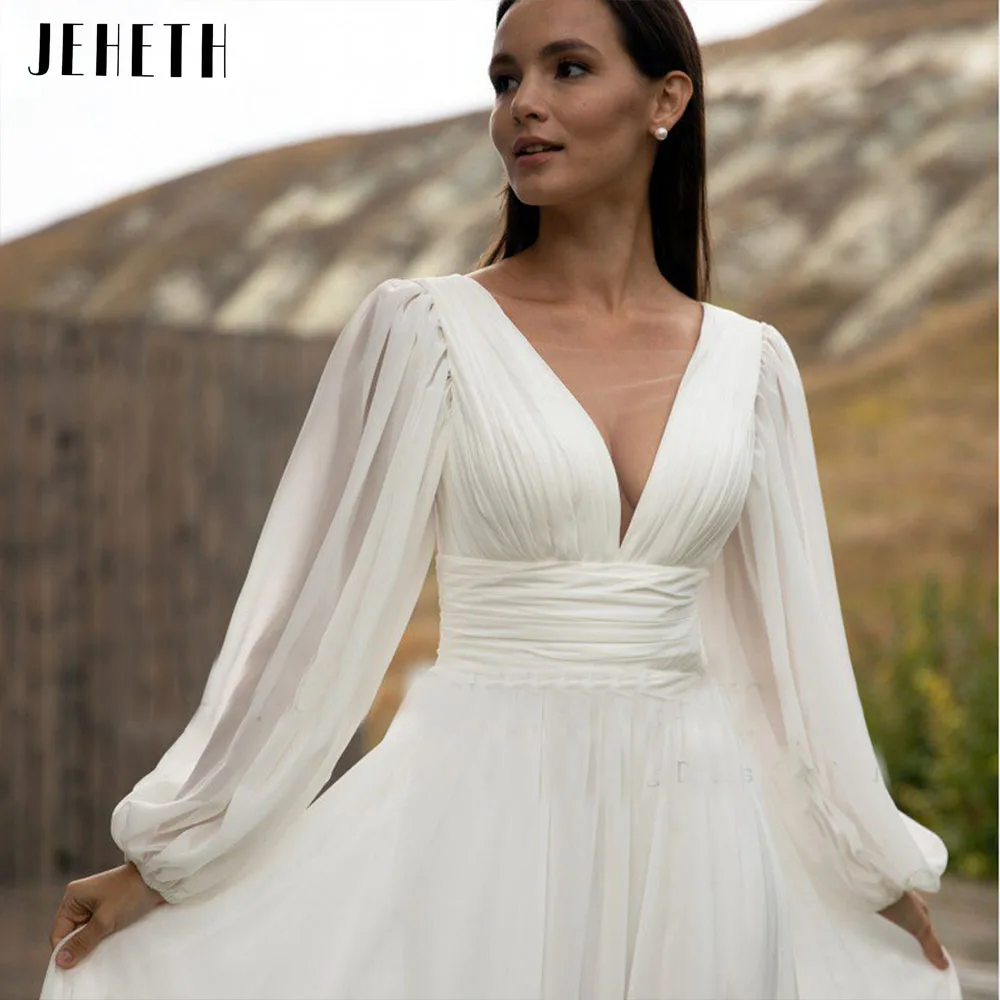 JEHETH Simples Puff Manga Vestido De Noiva Nupcial Longo A Linha Backless Praia Vestido De Noiva Sweep Train Chiffon Robe De Mariée Vestidos Simples manga de bolha vestido de casamento noiva longa linha A roupa de noiv