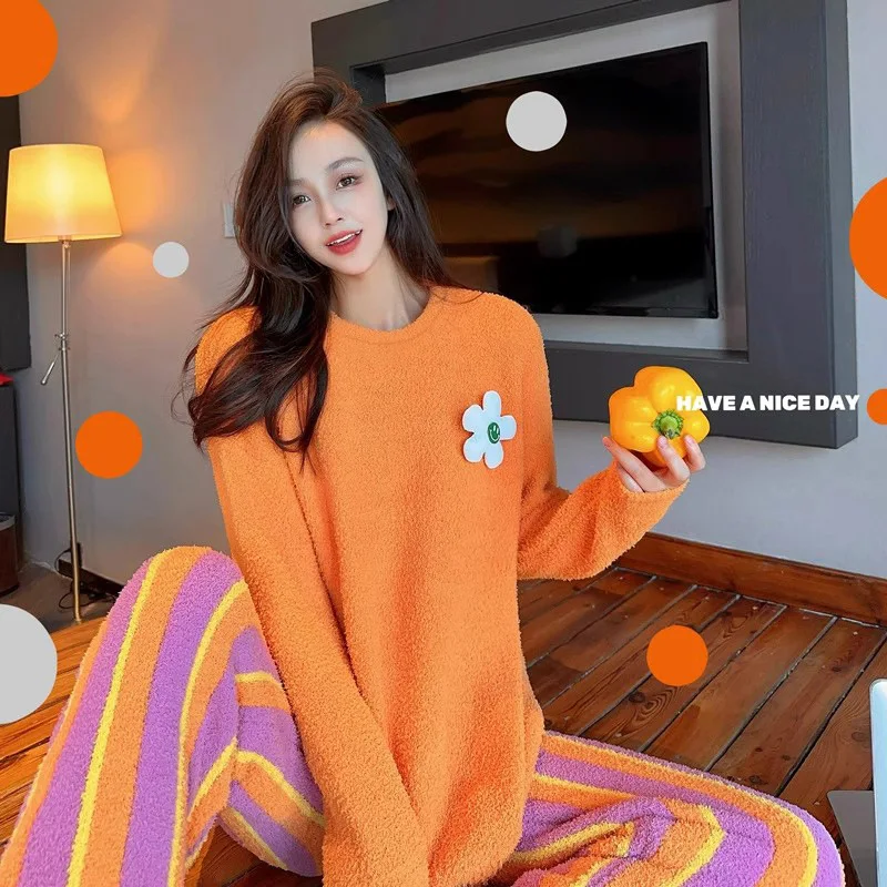 Ropa de dormir holgada informal para mujer, estilo americano y europeo, invierno 2021, nueva ropa gruesa y cálida para el hogar, conjunto dulce de moda para estudiantes