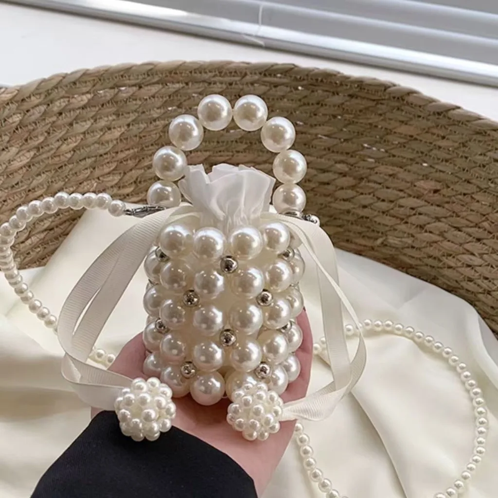 Pearl Cylinder Purse Detachable Crossbody Shoulder Bag Handmade Faux Pearl Bag Chic Pearl Bucket Handbag For Daily Outing Casual