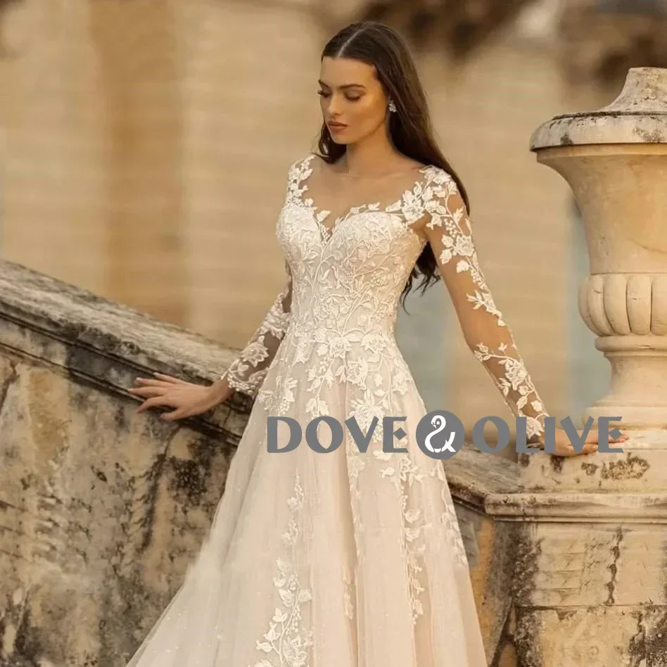 

O-Neck Wedding Dress Lace Up A-Line Applique Long Sleeves Beach Bride Gowns vestidos de novia boda Customized