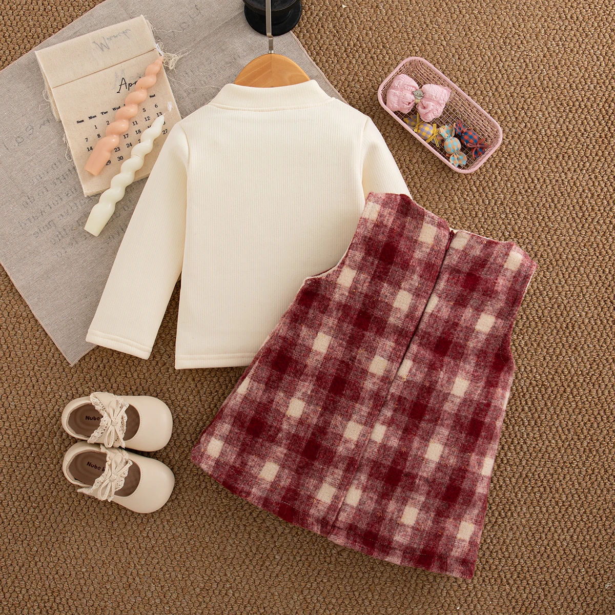 مجموعة خريف جديدة لطيفة على شكل مربعات حمراء للفتيات الصغيرات، ملابس أطفال بأكمام طويلة بفيونكة حلوة مناسبة لعمر 9 أشهر إلى 4 سنوات #2
