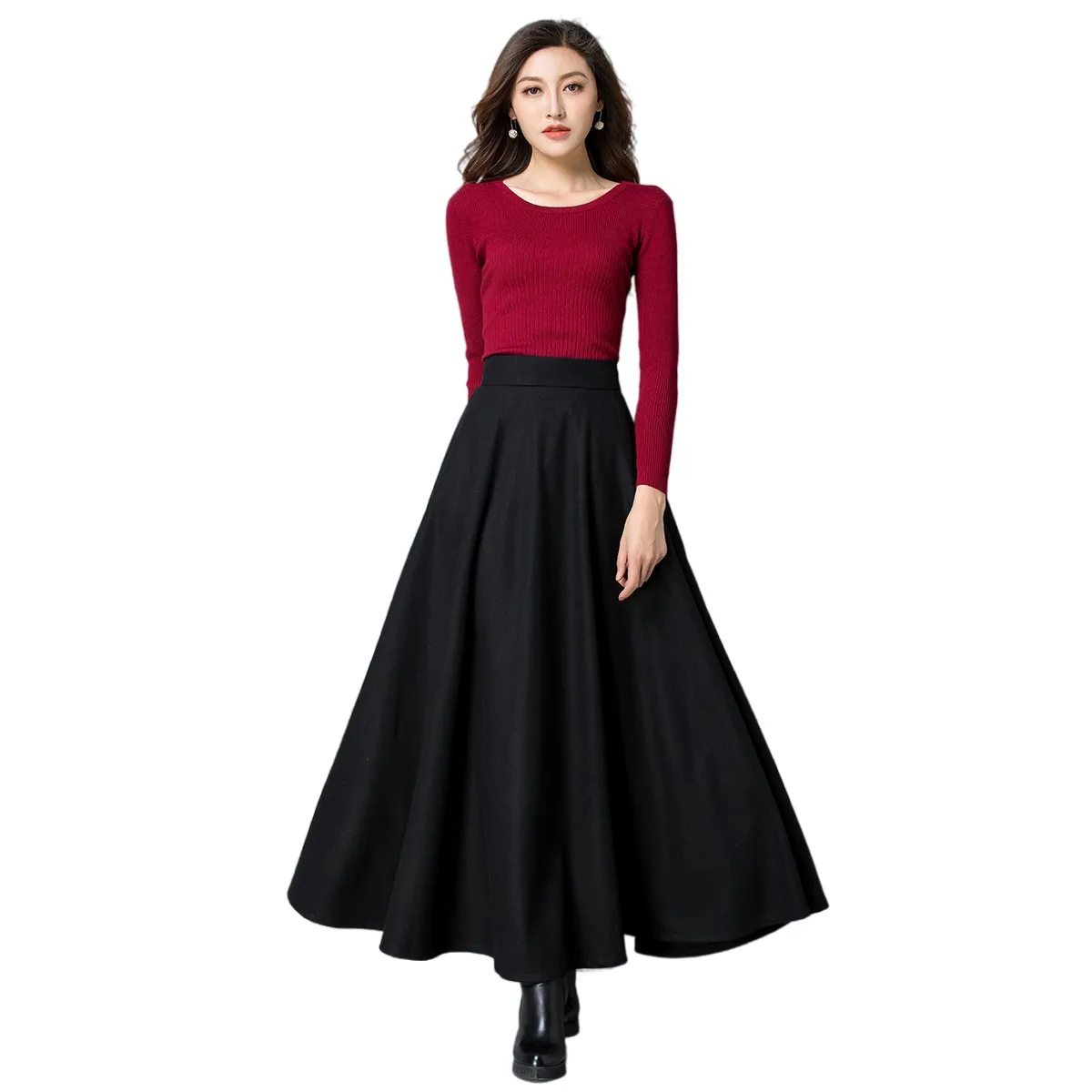 

Custom Made Wool Skirts Women's Elastic Waist Maxi Skirt with Pockets Plus size 6XL