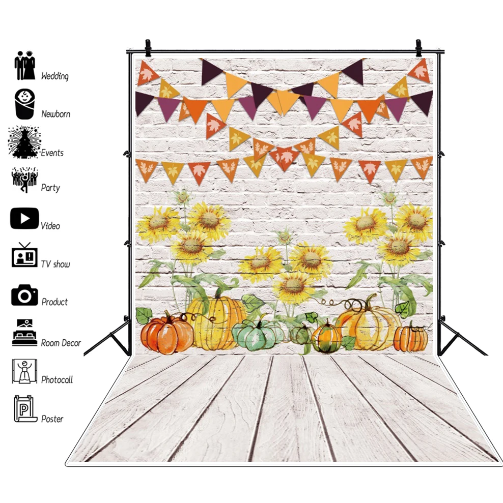 Laeacco Autumn Birthday White Brick Wall Backdrop Wood Floor Sunflower Pumpkin Graffiti Kids Baby Shower Photography Background