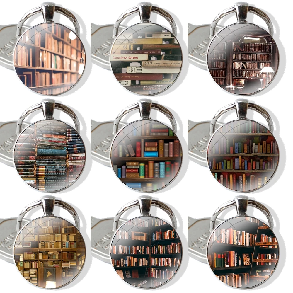 Colorful Book Library book shelf Accessories Phone Shell Covers glass cabochon keychain Car key chain Charms keychains Gifts