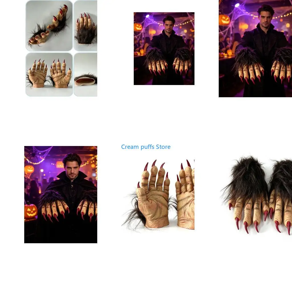 50LE Brown Plush Costume Gloves with Red Nails for Holiday Parties