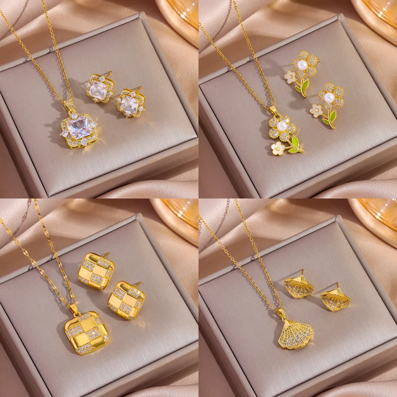 Top Luxus 18K Gold Überzogene Kupfer Anhänger Halsketten Ohrringe Für Frauen Trendy Mode Weibliche Schmuck Set Mädchen Schlüsselbein Kette
