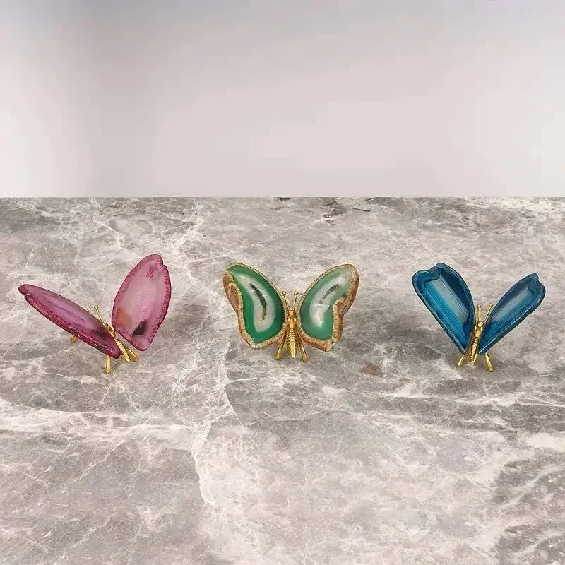 Colored Agate Butterfly Ornament Natural Agate Chips Brass Simulation Insects Butterfly Statue Metal Figurine Home Decoration