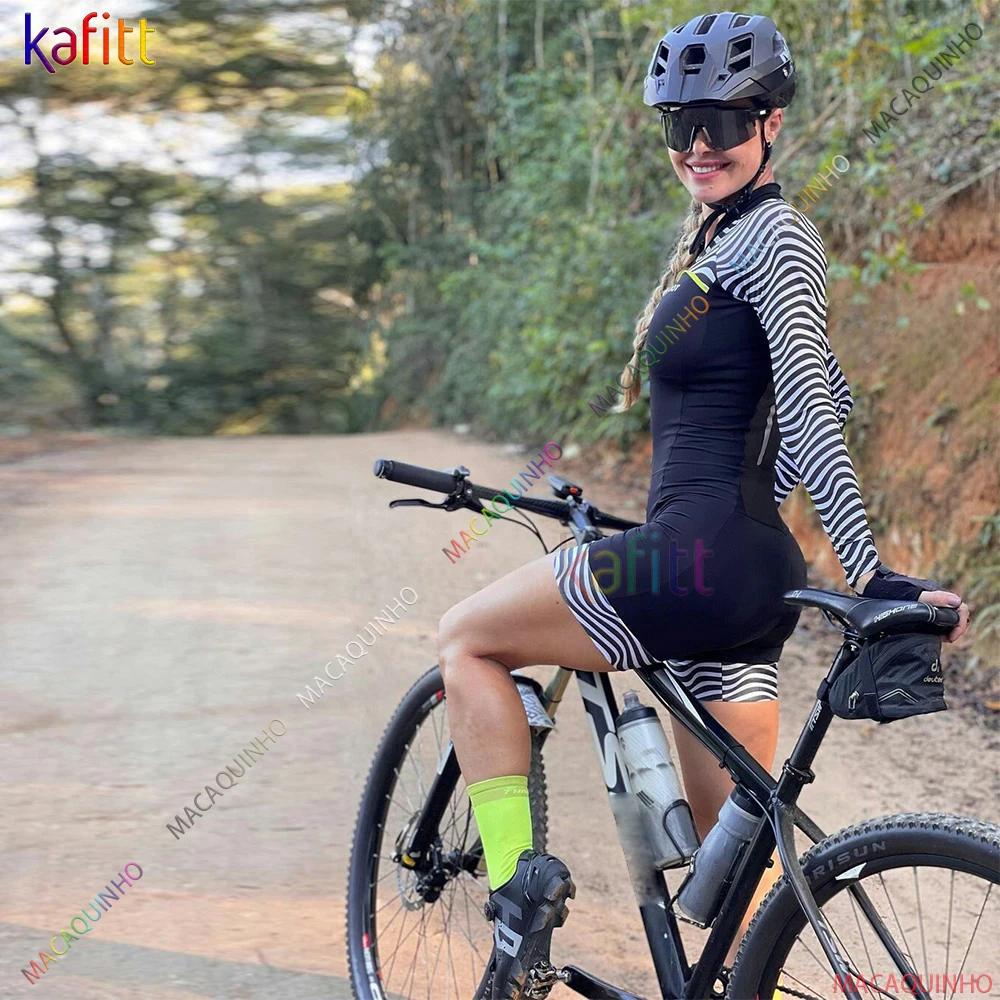 Preto Macaquinho Ciclismo Feminino Manga Longa Macacão Listras Brancas