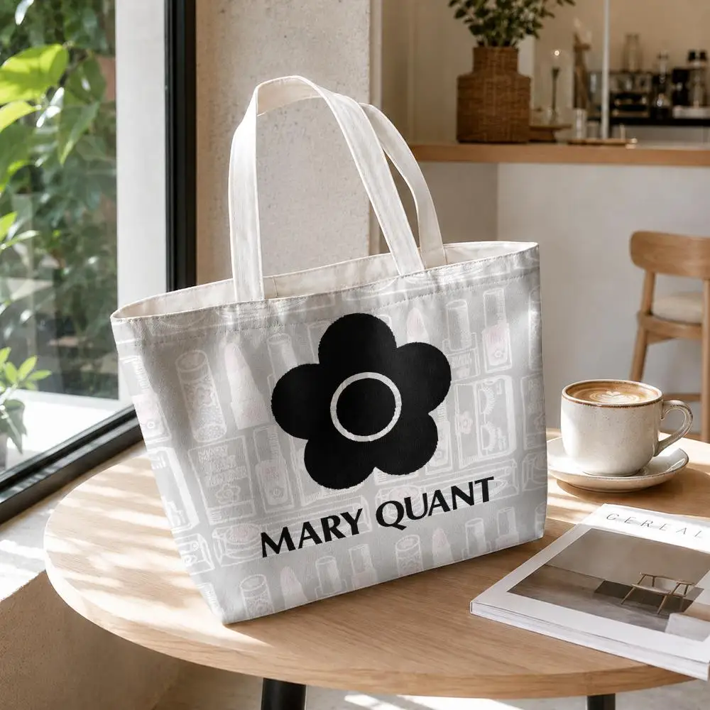 Mary Q-Quant Storage Bags 2-Piece Set Double-Sided Printed Canvas Tote Bags with Zipper Shopping Shoulder Handbags