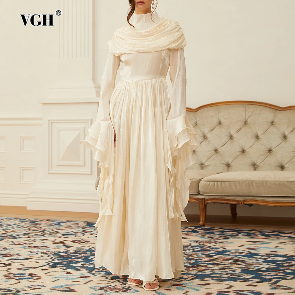 

VGH однотонное вечернее банкетное платье для женщин с воротником-стойкой и длинными рукавами, шаль со складками, элегантные роскошные платья, женские осенние