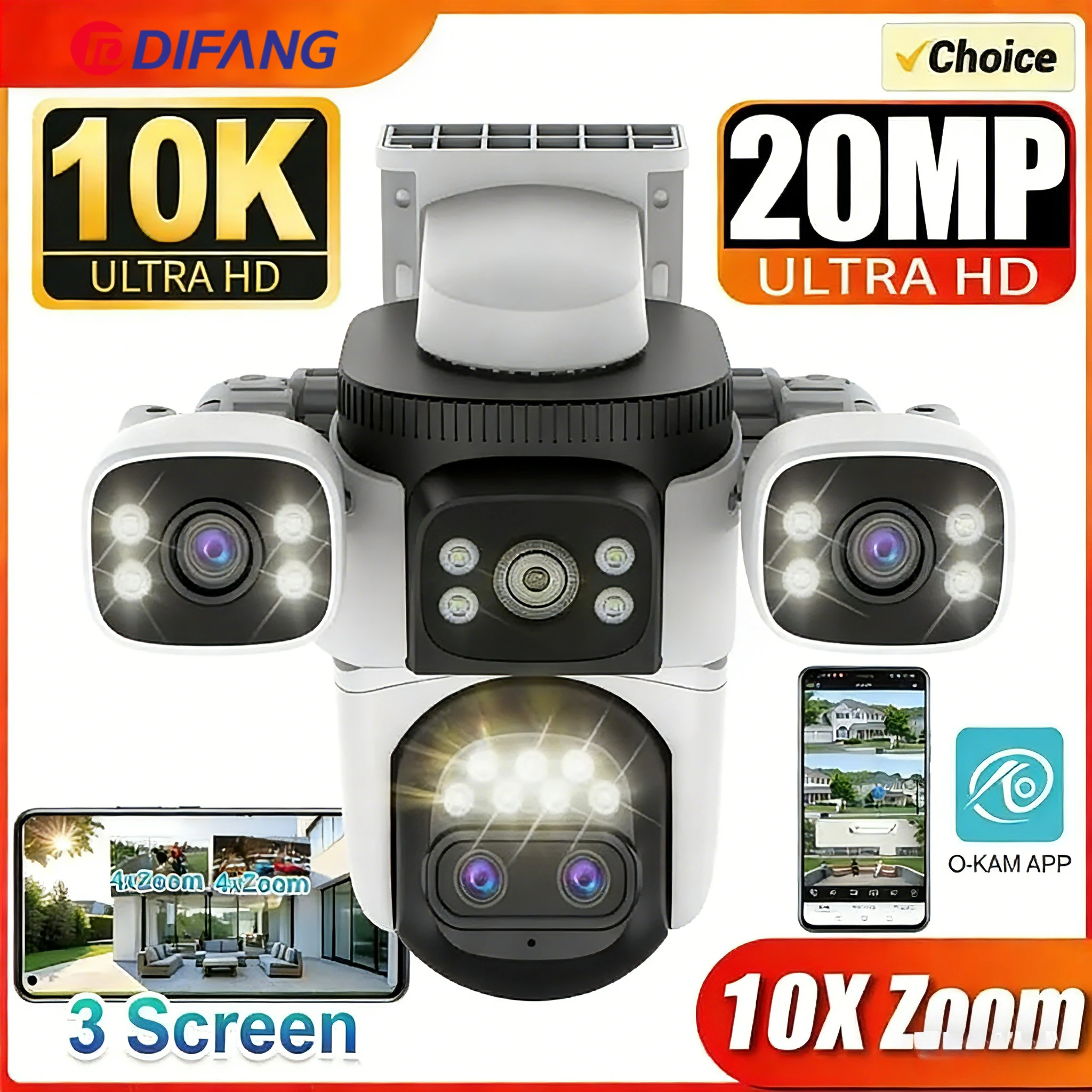 10K Security Protection WiFi Camera Outdoor Three Screen 20MP CCTV 10X Zoom 8K 15MP Video Surveillance Camera External IP Cam