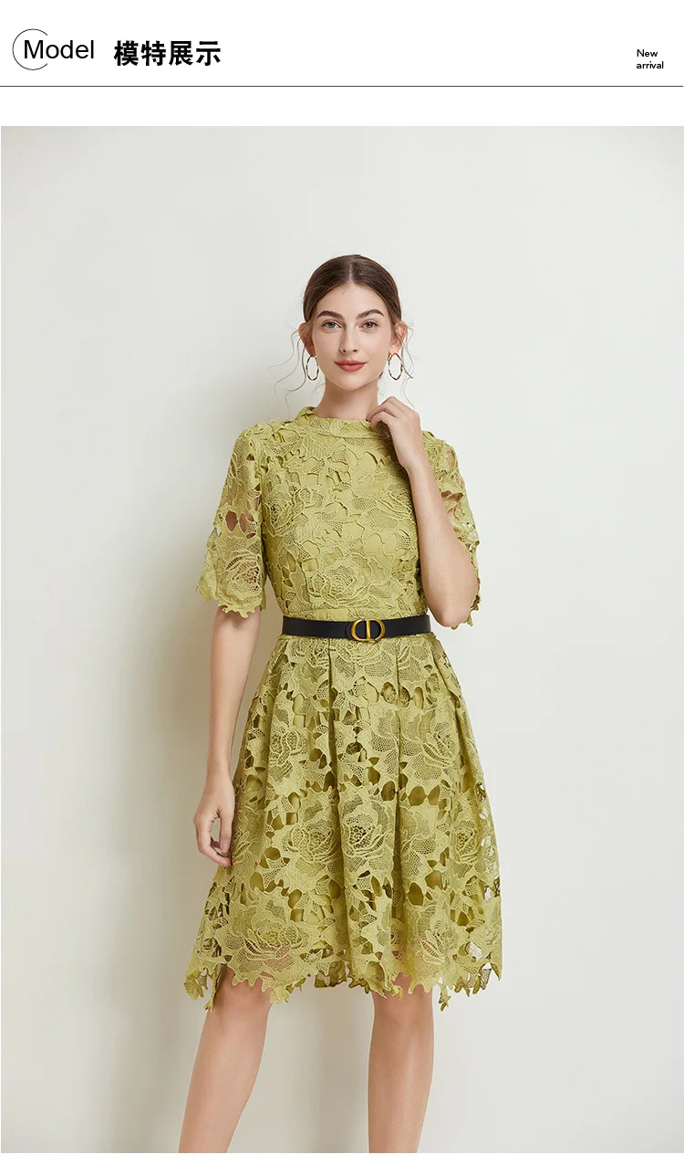 

Autumn New French Elegant Commuting Style Fashionable Temperament Stand up Collar Mid Sleeve Hollow Lace Splicing Waist Dress