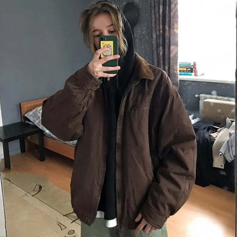 Retro American Thickened Deep Brown Collar Cotton Jacket Women's Trendy INS Autumn Winter Outerwear Versatile Street Style
