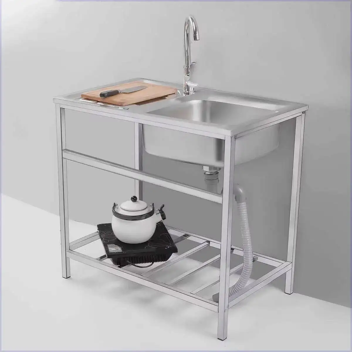 Dishwashing Sink Kitchen Accessories Stainless Steel Kitchen Sinks with Floor-standing Stand Single Washing Sinks with Workbench