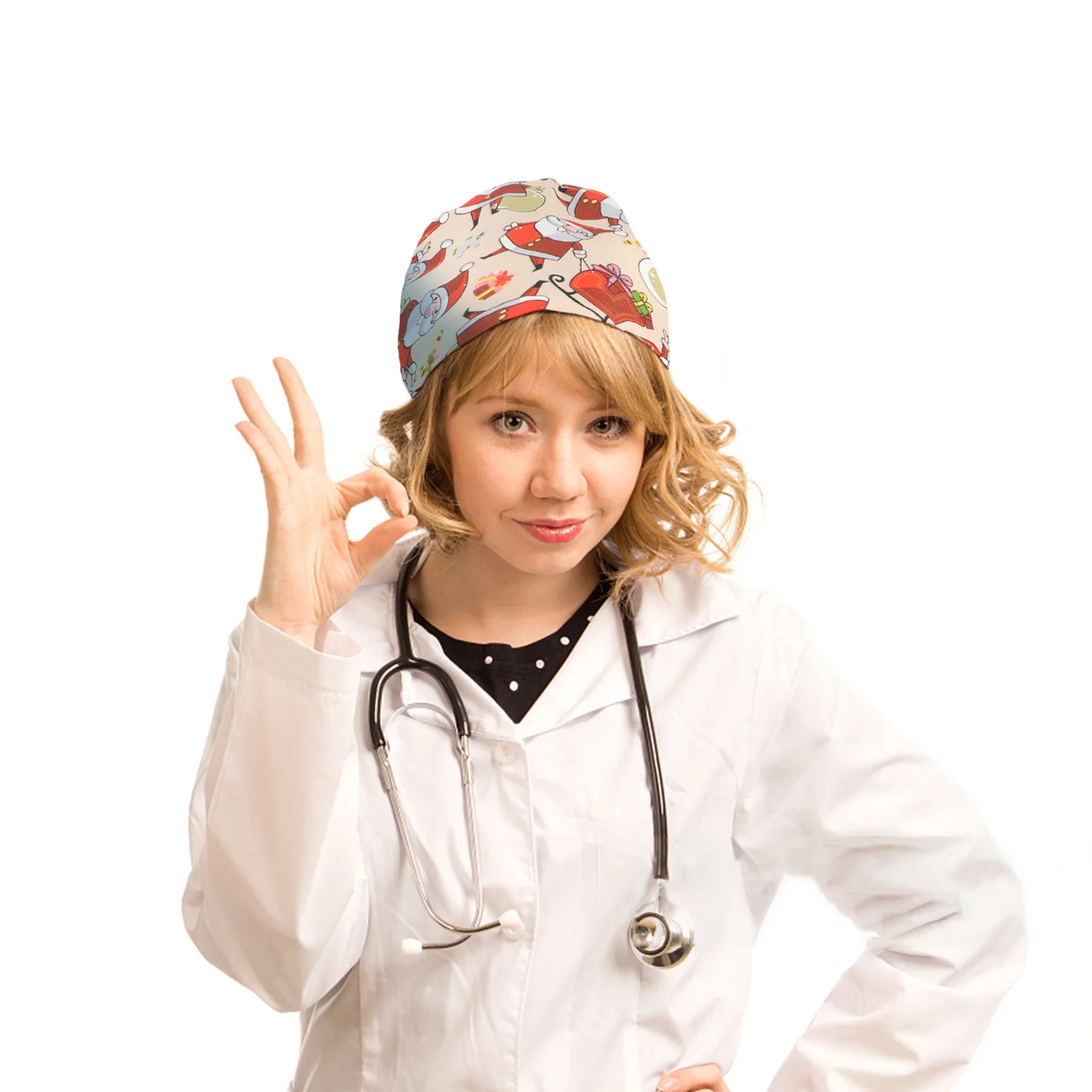 Natal impresso algodão boné de trabalho à prova de poeira enfermeira spa quimio limpeza perda de cabelo uso padrão de natal headcloth