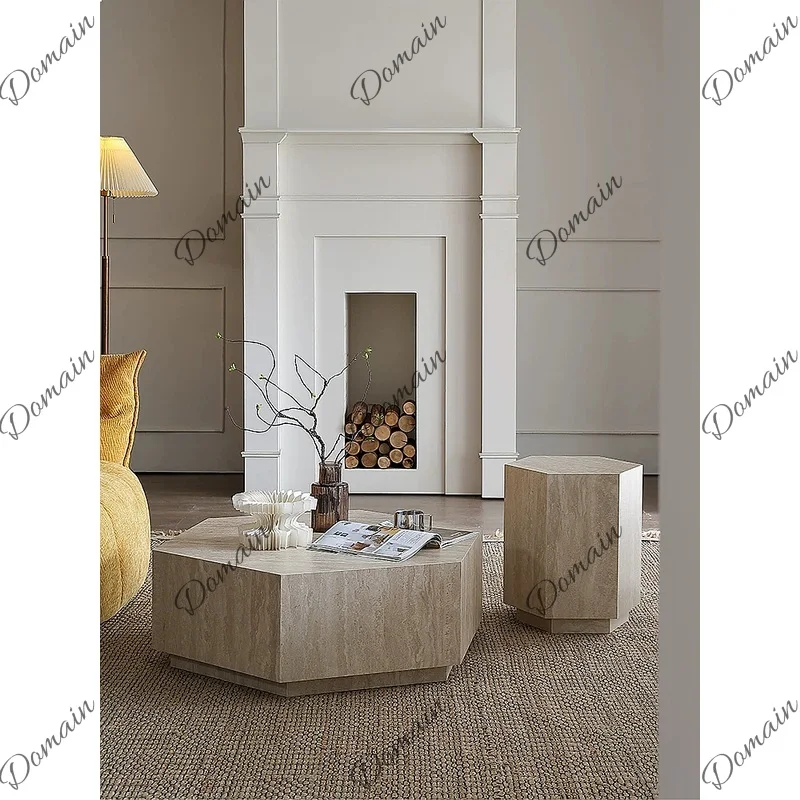Hexagonal Irregular Travertine Slab Coffee Table Minimalist Wabi-Sabi Style Designer Luxury