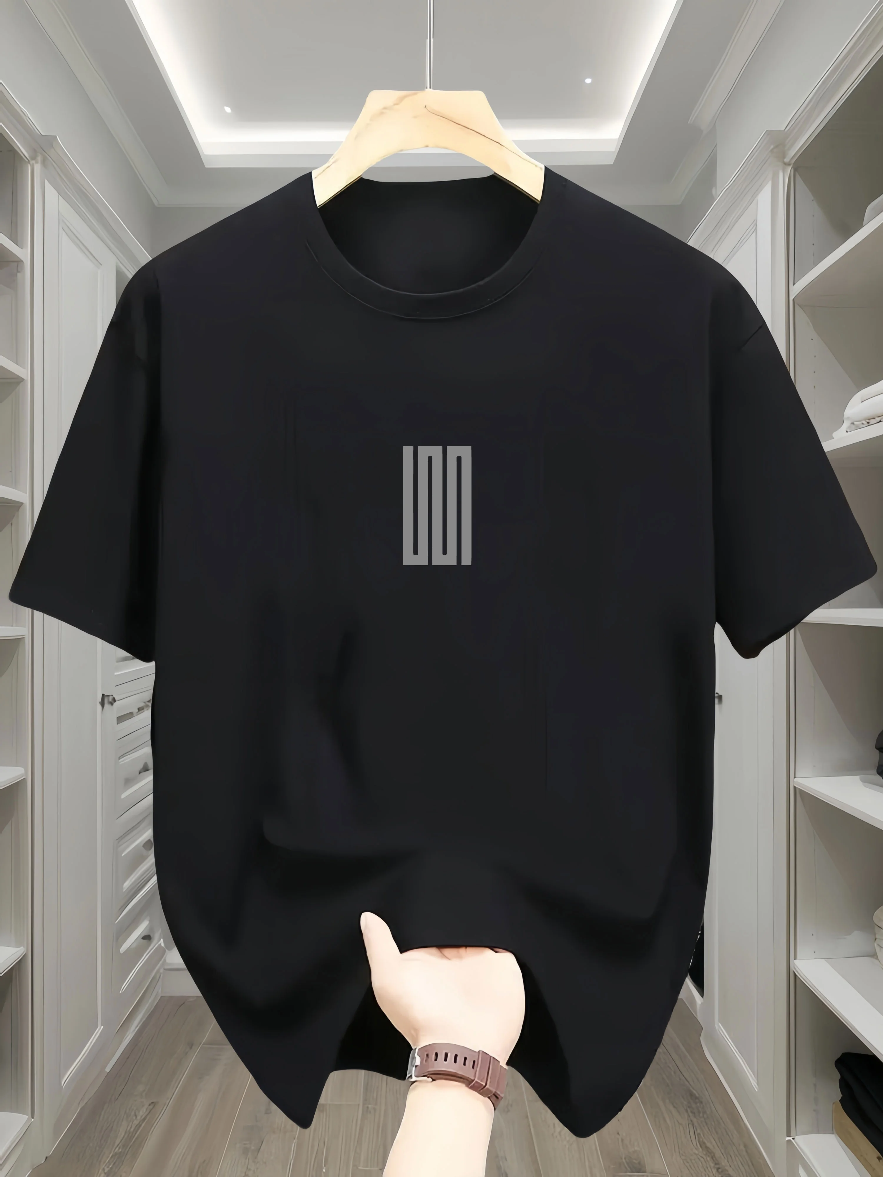 Men's Oversized Quick-drying T-Shirt - Breathable Short Sleeve Round Neck with Minimalist Black Grid Pattern Print