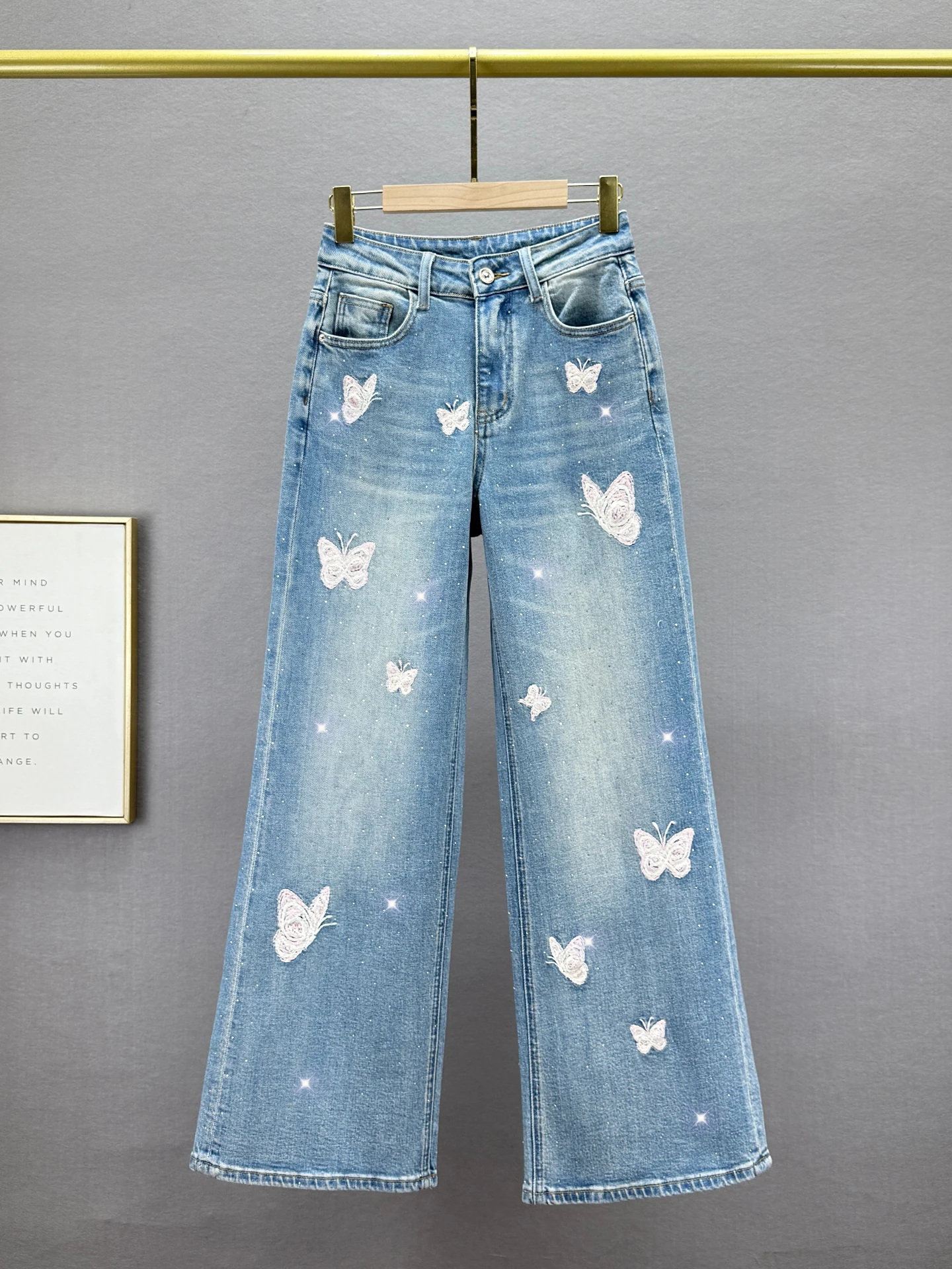 

High Waist Wide Leg Jeans Women's Spring New Loose Slim Hong Kong Sle Floor Length Pants Embroidered Diamond Glowing Cotton...