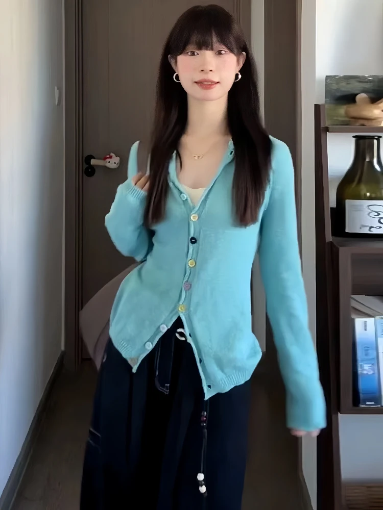 

Вязаный кардиган с радужными пуговицами, женский облегающий кардиган Lazy Sle, верхняя одежда ранней осени, топ для поездок на работу, прямая трубка, длинный све