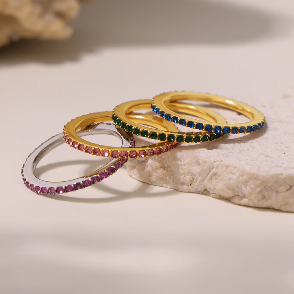 

Nivora 316L Stainless Steel Wedding Thin Rings Colorful Bling Cubic Zirconia Round Rings For Women Fashion Waterproof Jewelry