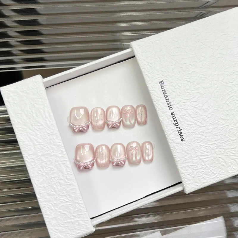 

10PCS Pure Color Short Square Handmade Press on Nails Glitter Blue Cat Eye Simple Glossy French Fake Nails Wearable Daily Nails