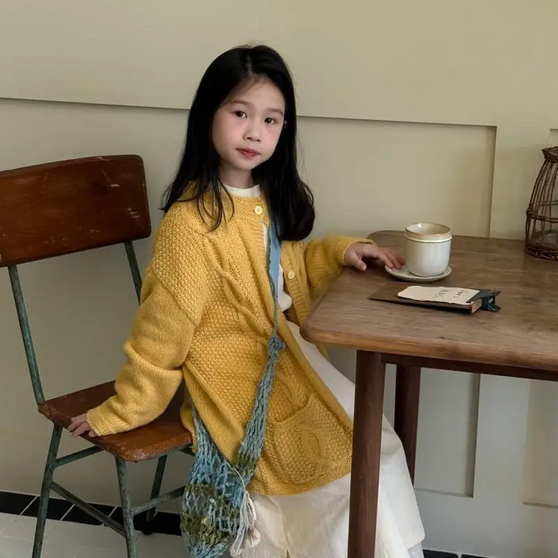 

2025 Autumn New Children Long Sleeve Knitted Coat Solid Girls Sweater Cardigan Kids Loose Casual Wool Jacket Kids Clothes