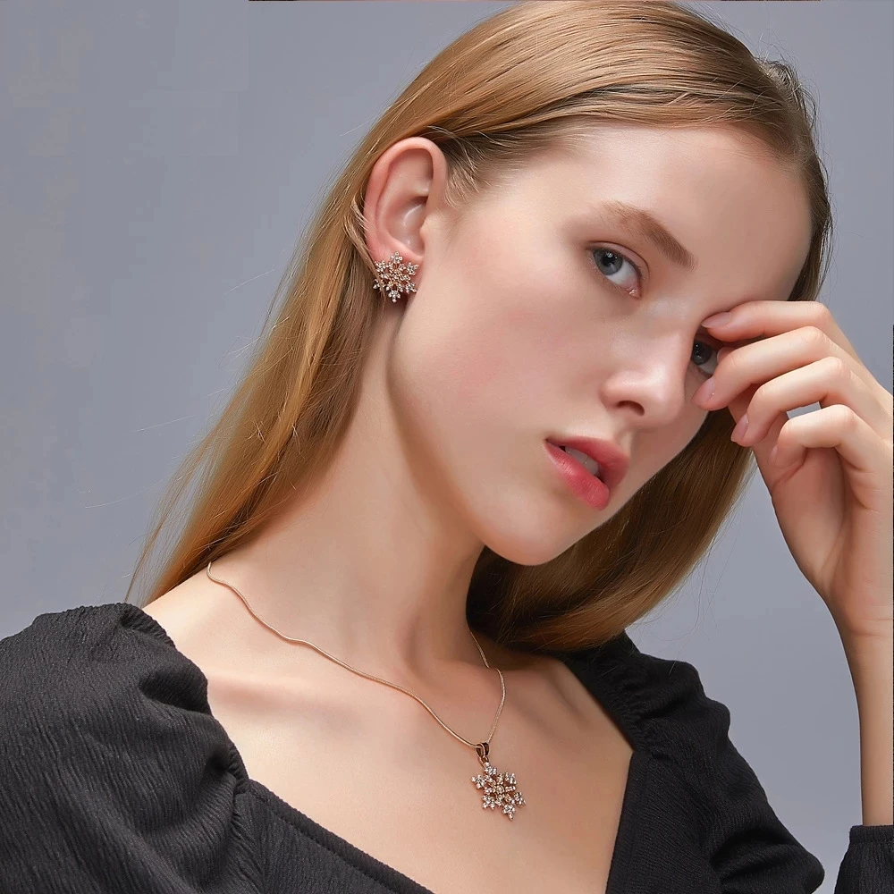 Luxury 925 Silver Gold Color Snow Flower Wedding Engagement Jewelry Set For Women Pendant Necklace Earrings Set Fashion Jewelry