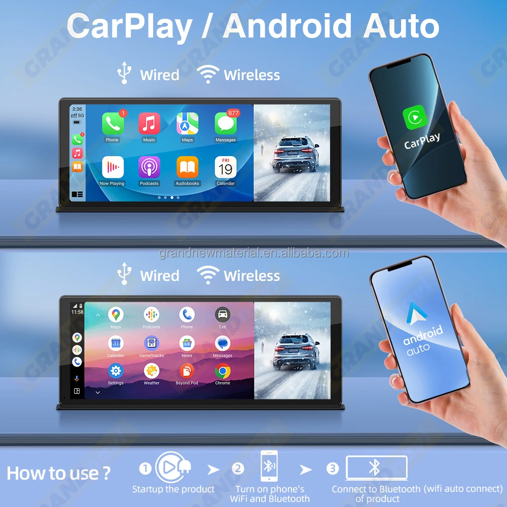 GRANDnavi Perangkat Navigasi Portabel Universal 11.3 Inci Nirkabel CPAA Carplay Android Pemutar Video Multimedia Otomatis Mirrorlink