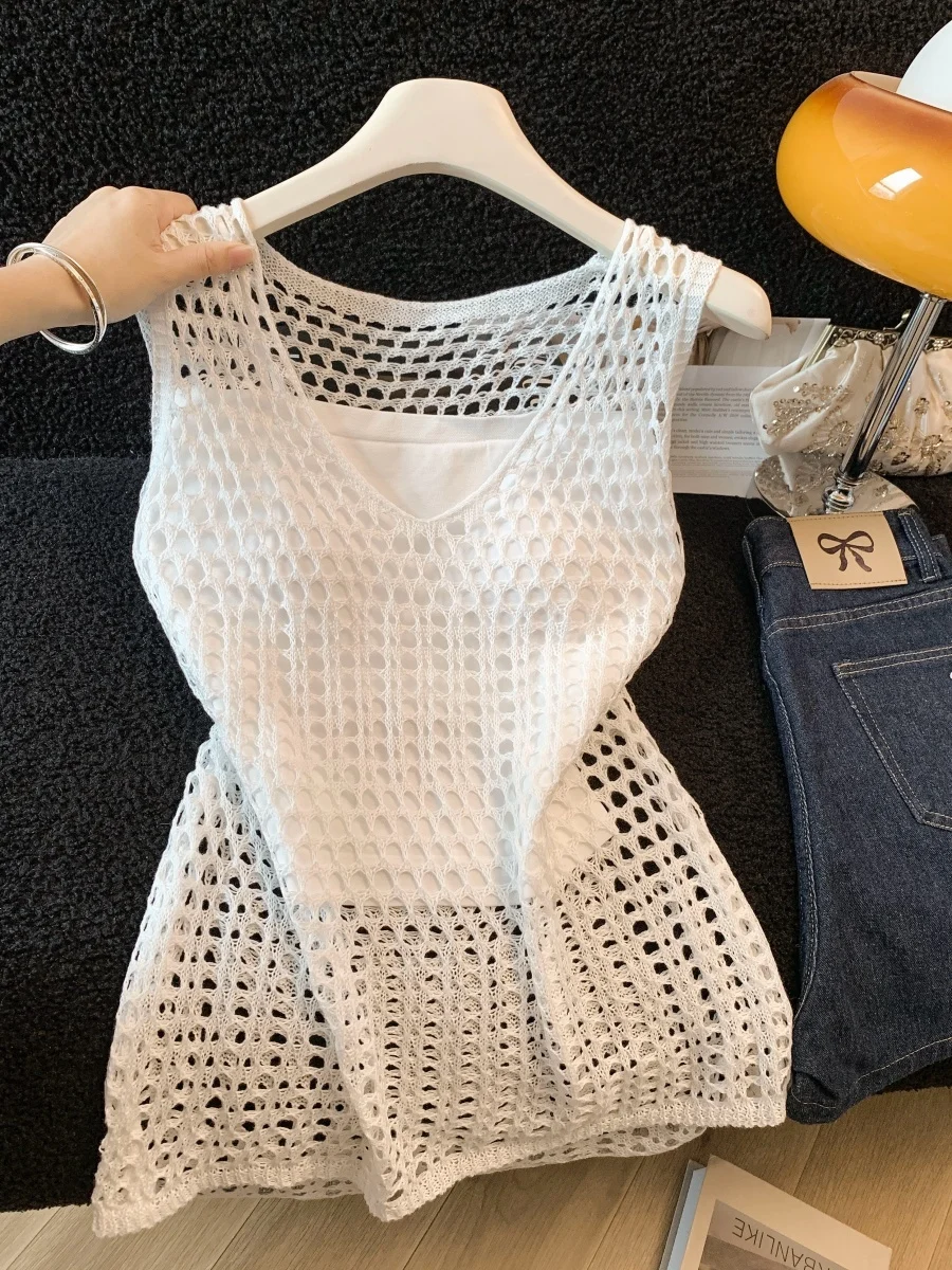 

Bohemian Knitted Strap Vest Women's Summer Outerwear Hollow out Sleeveless Top Two Piece Set Korean Style Commute Fashion