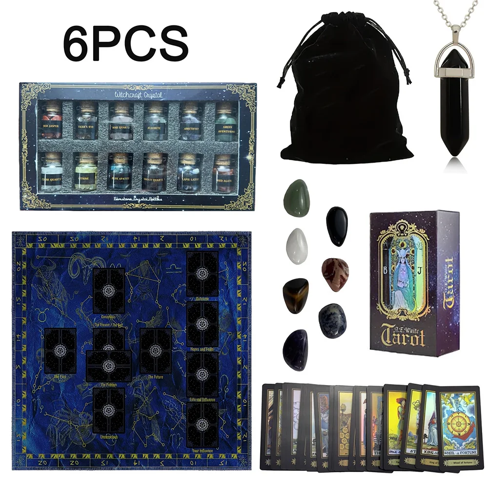 Tarot Card Set 78 Cards 12 Crystal Vessels 7 Chakra Stones 1 Tarot Tablecloth 1 Pendant Accessory 1 Storage Bag for Divination
