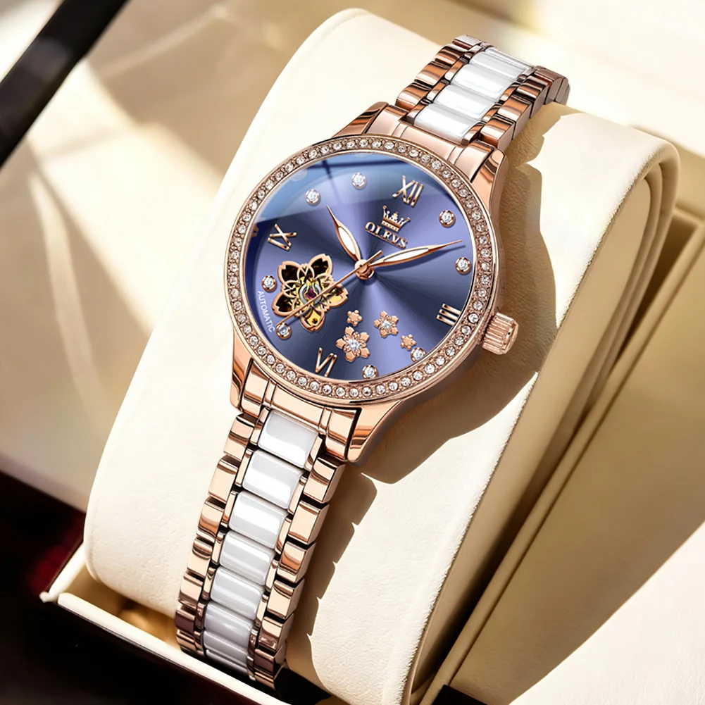 OLEVS Rose Gold Ceramic Bracelet Automatic Watch for Women Diamond Bezel Hollow Floral Dial Waterproof Luxury Ladies Wristwatch
