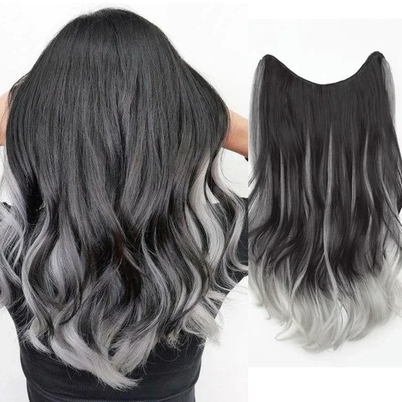 

Synthetic 5 Clip in Hair Pieces Extensions 20 Inch Long Curly False Hair for Women Ombre Black Gray Fluffy Hairstyles Hairpiece