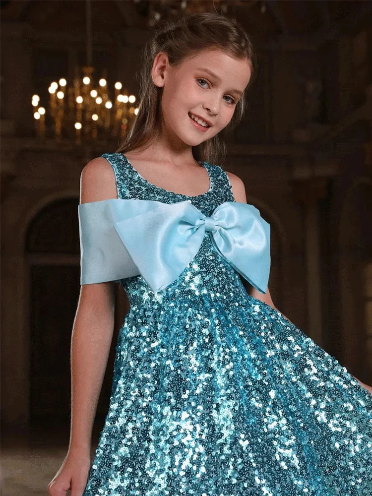 Girls V-Neck Velvet Floor-Length Performance Christmas Birthday Evening Dress Short-Sleeved Shiny Performance Evening Dress