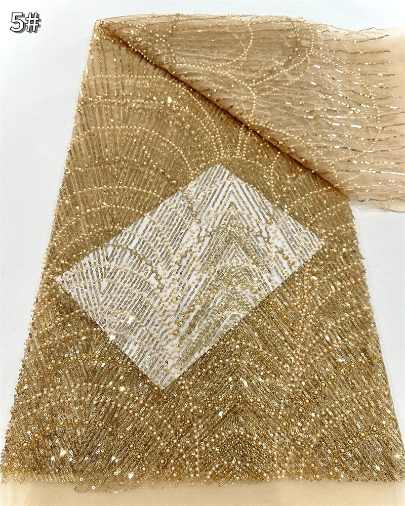 

Luxury African Beaded Lace Fabric Nigerian High-Quality Sequins Adult Size for Party Dress Sewing