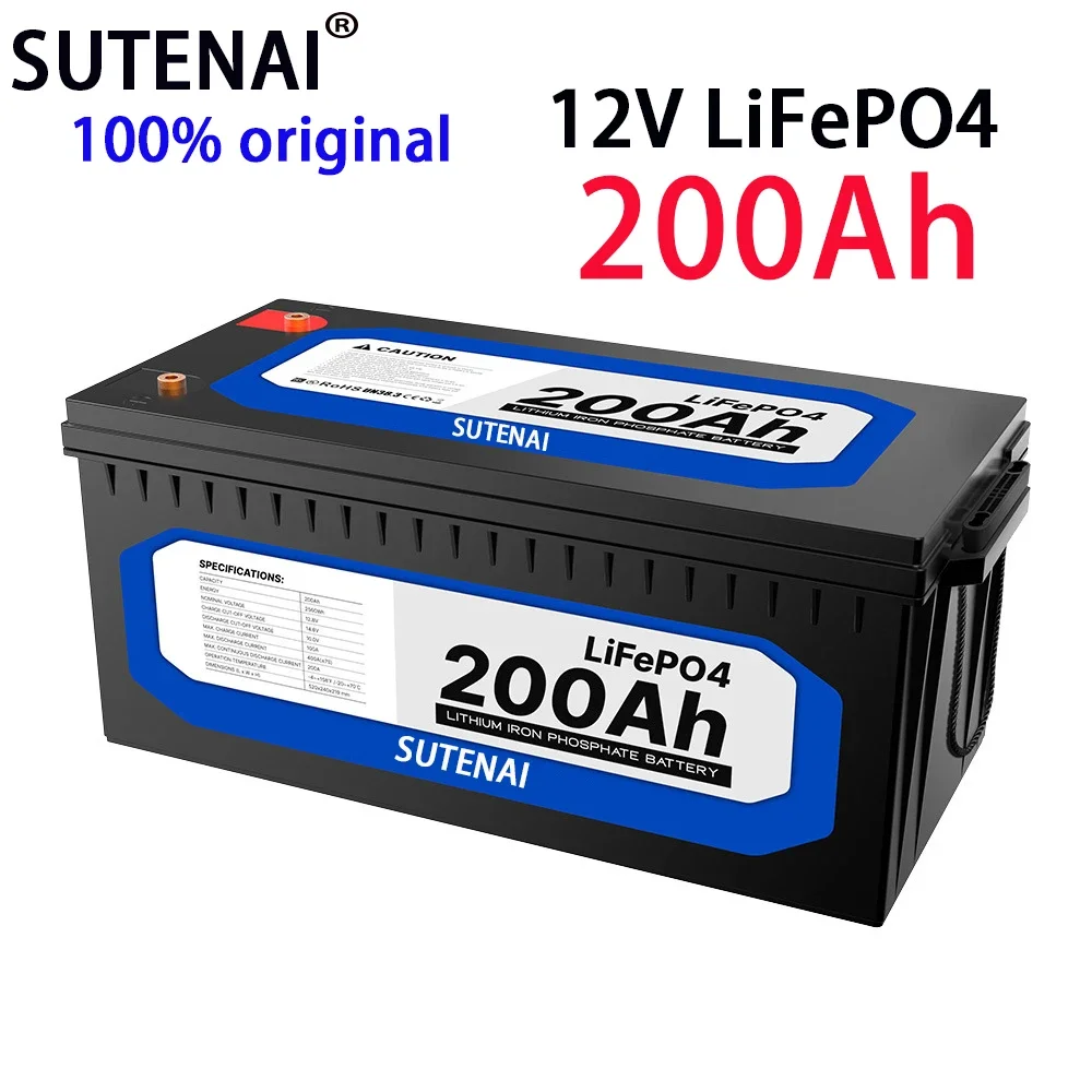 12V 200Ah LiFePO4 Battery Built-in BMS Lithium Iron Phosphate Cell For RV Campers Golf Cart Off-Road Off-Grid Solar With Charger