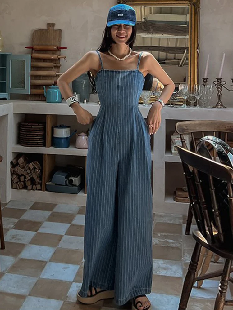 Women Striped Sling Jumpsuit Streetwear Pockets High Waist Off Shoulder Blue Jumpsuit Female 2023 Summer New Tide  Y732