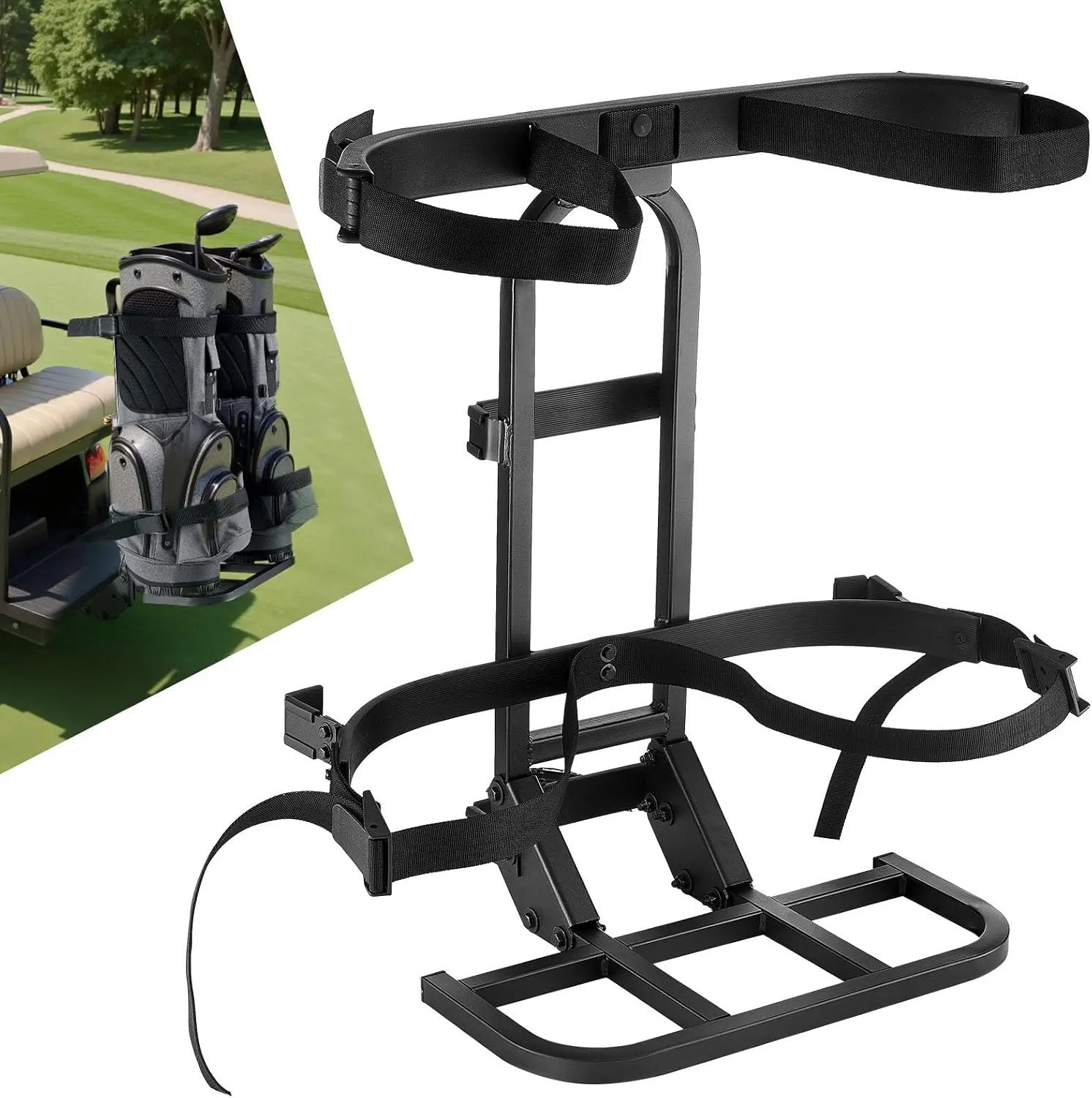 Golf Cart Bag Holder, 30.9 x 27.8 x 16.1inch, Compatible withYamaha, EZGO, Club Car Rear Seat Grab Bar, Space-Saving Carbon Stee