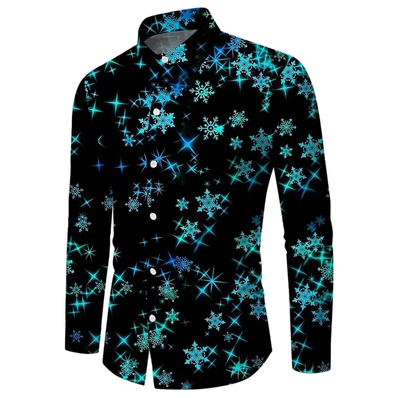 Christmas Snowflake Pattern Long Sleeve Shirts For Men Casual Oversized Button Up Party Shirts Tops Mens Tees Blouse Streetwear