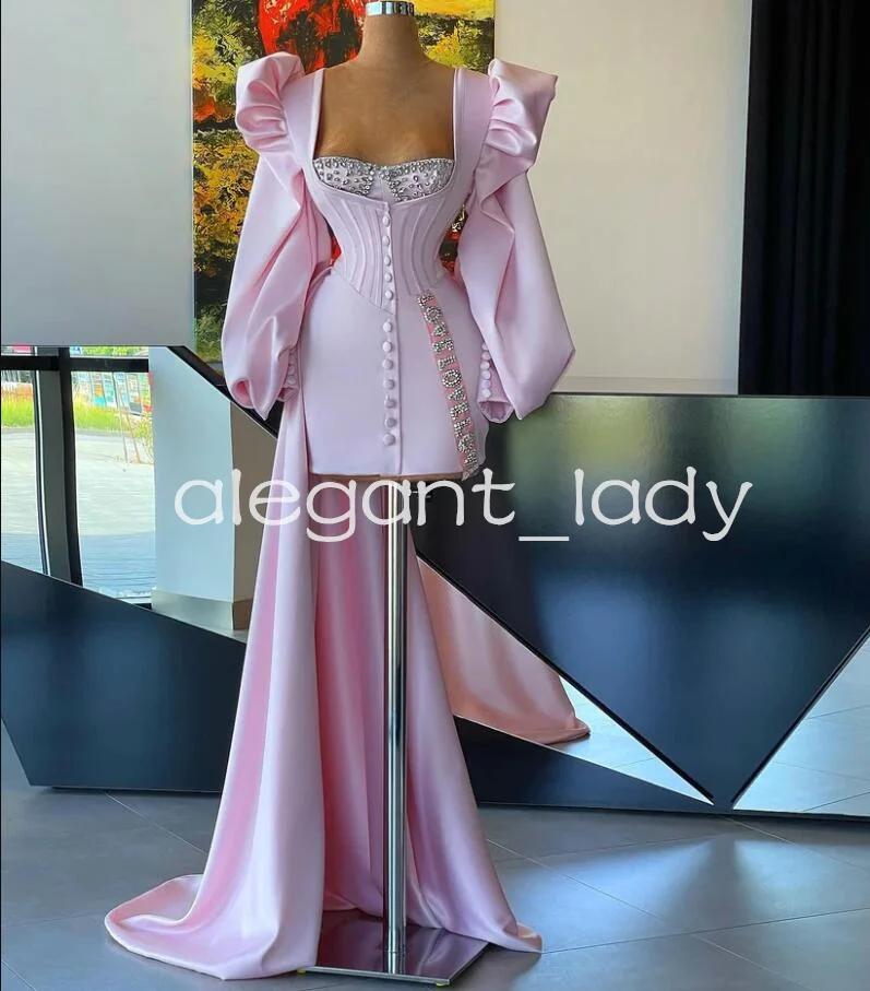 Baby Pink Short Evening Birthday Cocktail Dresses with Side Train Puffy Fairy Long Sleeve Crystal Corset Party Bodyice Gown