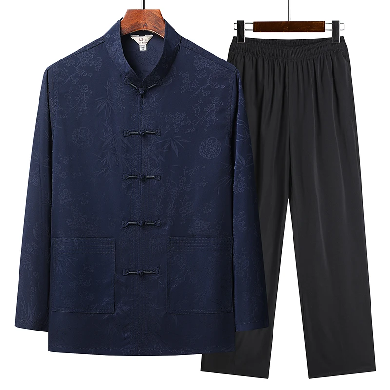 Tang Suit (top + Pants) Middle-aged and Elderly Men's Chinese Style Printed Imitation Fragrant Gauze Long Sleeve Hanfu Suit Set