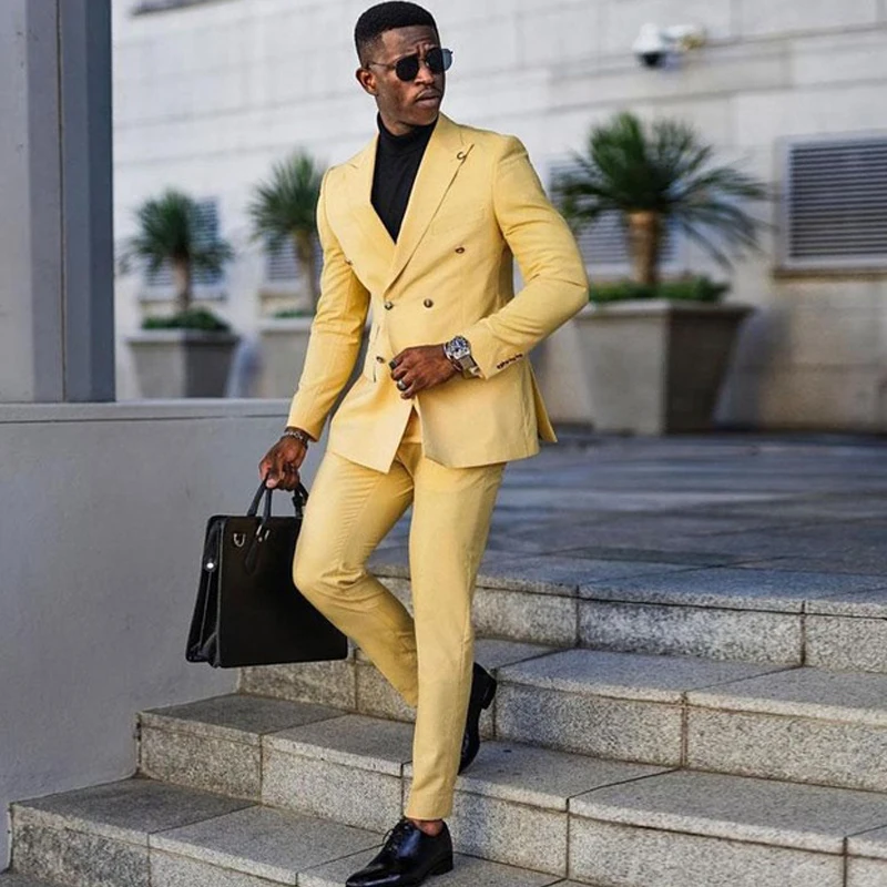 

Double Breasted Yellow Casual Suits for Men Prom with Peaked Lapel Slim Fit Wedding Groom Tuxedo 2 Piece Jacket Pants Fashion