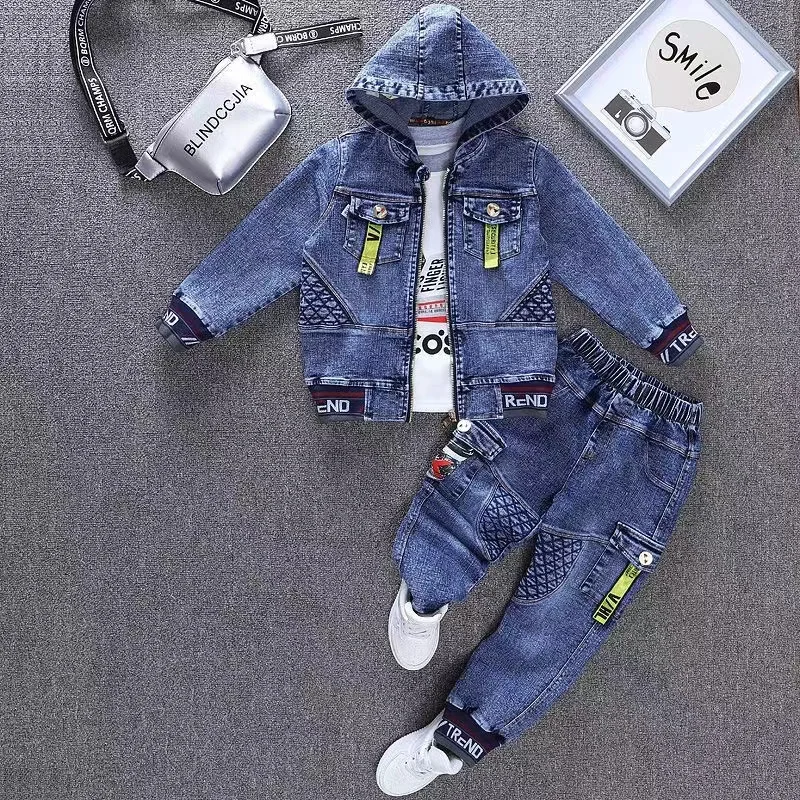 2024 Girl Spring Autumn Children Boy 2PCS Clothing Set Cotton Hoodied Denim Coat +Solid Jeans Pants Baby Boys Outfits