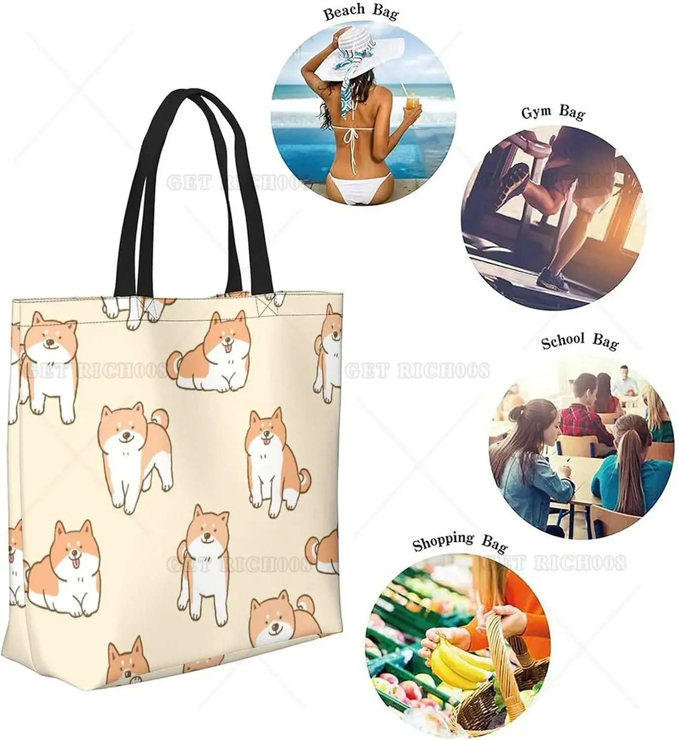 Grand sac fourre-tout en toile réutilisable pour femme, chien mignon Shiba Inu, sac à main initié décontracté, plage, shopping, sac d'épicerie pour l'extérieur