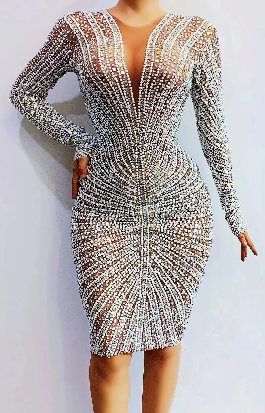 

Gray White Full Rhinestones Evening LongSleeves Dress Birthday Celebrate Stage WearPerformance Dancer Singer Show plus size A200