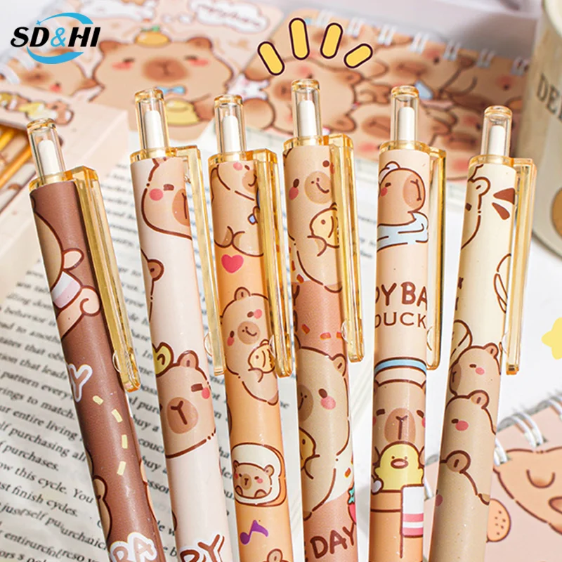 4/6Pcs Cute Kawaii Capybara Gel Pen Set Cartoon Quickly-Drying Pressing Neutral Pens Aesthetic Stationery School Office Supplies